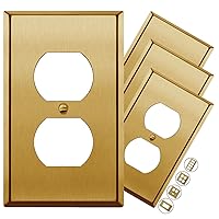 STANDARD SIZE Metal Gold Outlet Cover or Light Switch Cover Wall Plate, Corrosion Resistant Duplex Receptacle Wallplate Covers 1 Gang Single Genuine Brushed Brass Duplex 1-Gang (4-Pack)