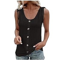 Women Tie Shoulder Summer Tops Sleeveless Hollow Out Eyelet Tank Blouse Button Front Shirt Casual Fashion Outfits