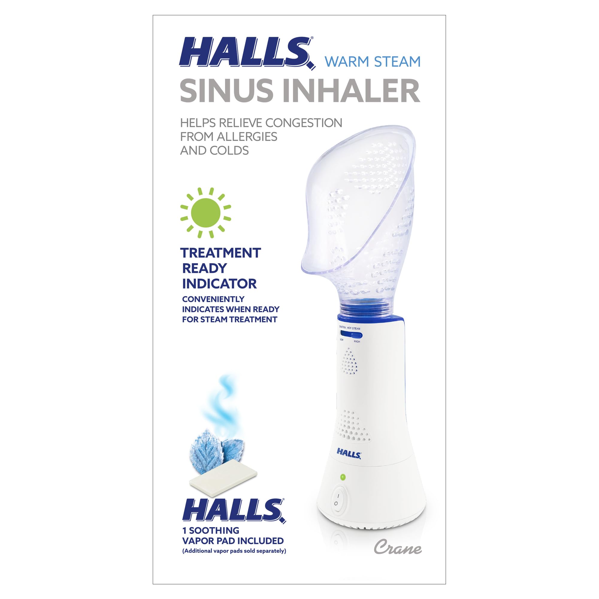 Crane x HALLS Corded Personal Steam Inhaler for Sinus, Congestion, Cough, & Cold Relief, Vapor Pad Compatible, White