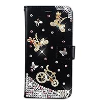 Crystal Wallet Case Compatible with Moto One 5G UW - Bicycle Dragonfly - Black - 3D Handmade Sparkly Glitter Bling Leather Cover with Screen Protector & Neck Strip Lanyard