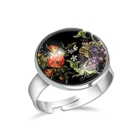 Flower Grapes Balck Adjustable Rings for Women Girls, Stainless Steel Open Finger Rings Jewelry Gifts