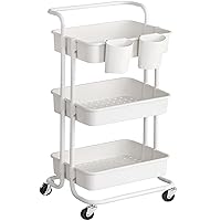 SONGMICS Rolling Cart, 3-Tier Storage Cart, Storage Trolley with Handle 2 Small Organizers, Steel Frame, Plastic Baskets, Utility Cart, Easy Assembly, for Bathroom Laundry Room, White UBSC067W01
