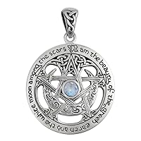 Sterling Silver Large Moon Goddess Wiccan Pentacle Pendant Natural Rainbow Moonstone; 1.25 Inch Diameter