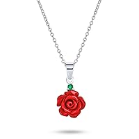 Romantic Delicate Floral Blooming 3D Pink Red Rose Flower Green CZ Accent Pendant Necklace For Women For Teen .925 Sterling Silver