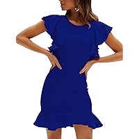 AIMCOO Women's Summer Flutter Sleeves Mini Dress Crewneck Ruffle Hem Casual Mini Dresses Elegant Solid Bodycon Dress