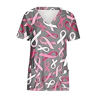 Ladies Breast Cancer Tops Loose Fit Long Blouses for Women Short Sleeve V Neck Work Scrub Fall Summer Shirts 2024