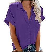 Womens Short Sleeve Shirts V Neck Collared Button Down Shirt Solid Lapel Tops Summer Casual Trendy Tee Tops with Pockets