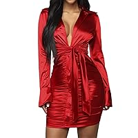 Sedrinuo Women Sexy Long Sleeve Club Outfits Dress Tie Front V Neck Ruched Mini Dresses