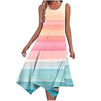 Striped Color Block Midi Sundress Women Summer Hankerchief Hem A-Line Dress Sleeveless Casual Flowy Beach Dresses