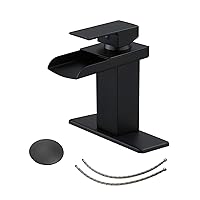 BWE Black Bathroom Faucet Waterfall Matte with Pop Up Drain Stopper Overflow Assembly and Supply Hose Bath Single Hole Handle Modern Bathroom Sink Faucet Lavatory Mixer Tap