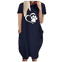 Dog Mom T Shirt Dress Women Dog Paw Heart Print Shift Dresses Plus Size Short Sleeve Loose Pocketed Beach Dress