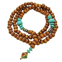 108 Mala Yoga Beads Organic Wood Pendant Necklace Turquoise Buddha Prayer 8mm set of 2