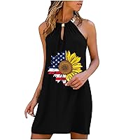 Womens Sleeveless Dresses USA Flag Sunflower Floral Dresses for Women Beach Cutout Hawaiian Ruched Midi Dresses