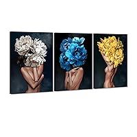 Sexy Women Pictures Wall Decor 3 Panels Nude Girls Painting Girls with Flowers Head Canvas Prints Artwork Living Room Bathroom Decor Wooden Framed Ready to Hang - 24