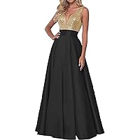 Women's V Neck Satin Bridesmaid Dresses Long Prom Evening Ball Gowns
