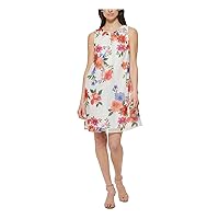 Jessica Howard Womens Ivory Lined Sheer Keyhole Back Pleated Pullover Floral Sleeveless Round Neck Above The Knee Fit + Flare Dress 14