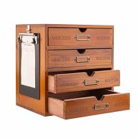 Wooden Storage Box Rustic Desktop Organizer with Drawers/Labels 4 Tier Office Desk Accessories Shelf with A6 Clipboard Small Craft Storage Apothecary Cabinet and Chest Jewelry Holder for women