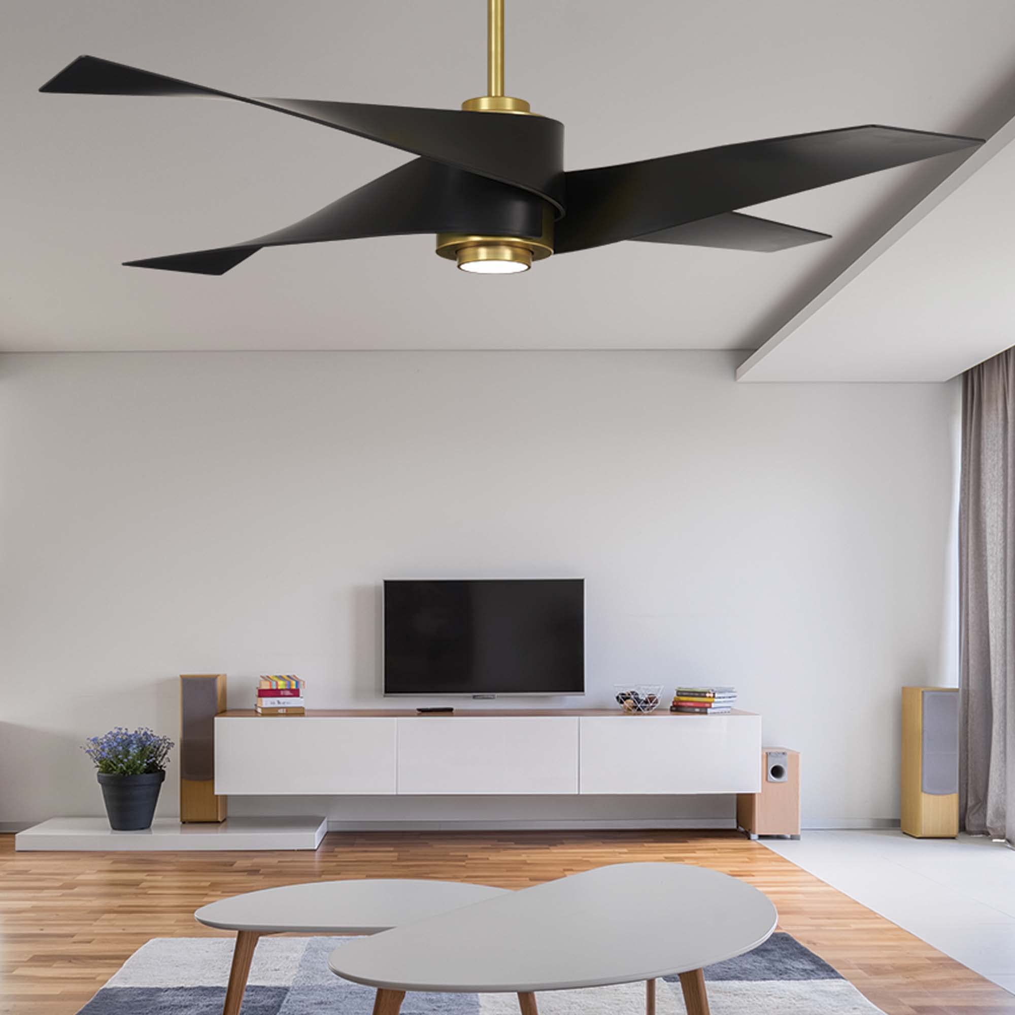 MINKA-AIRE F903L-SBR/MBK Artemis IV 64 Inch Ceiling Fan with LED Light and DC Motor in Soft Brass Finish and Matte Black Blades