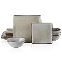 Famiware Dinnerware Sets for 4, Ocean Square 12-Piece Kitchen Plates and Bowls Sets, Reactive Glaze, Microwave and Dishwasher Safe, Scratch Resistant, Grey