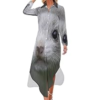 Cute Hamster Women Shirt Dress Button Down Maxi Dress Long Swing Dress Casual Party Dresses