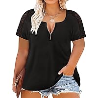 RITERA Plus Size Tops for Women Short Sleeve Lace Shirt Zipper Tops V Neck Casual Summer Tee