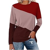 2024 Color Block Tunic Tops for Women Casual Long Sleeve Shirts Dressy Crewneck Spring Fashion Trendy Loose Blouse