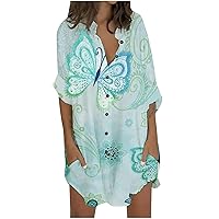 Women's Bohemian Button up Flowy Beach 3/4 Sleeve Knee Length Swing Dress Casual Summer Shift Dress Loose Froral Print