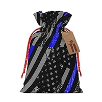 Augenstern Christmas Burlap Gift Bag With Drawstring Thin-Blue-Line-Flag-Police Reusable Gift Wrapping Bag Xmas Holiday Party Favors Bag Medium
