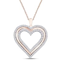 AFFY 1 Carat Round Cut Natural White Diamond Double Heart Pendant Necklace With 18