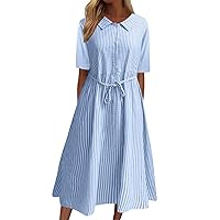 Green Cocktail Dress Plus Size,Women Striped Button Casual Dress Three Quarter Sleeves Lace Up Long Skirt Belte