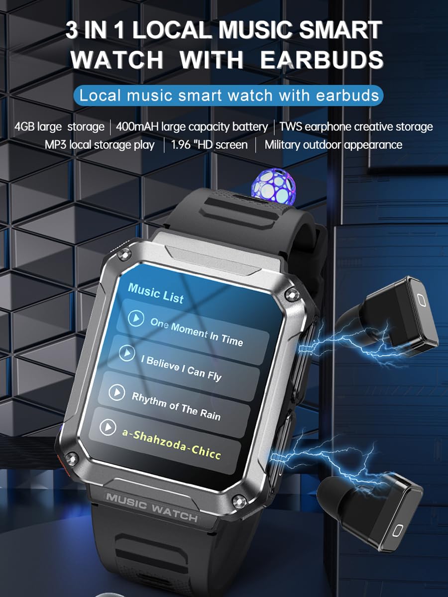 APOYOU Military Smart Watch with Earbuds, 1.96