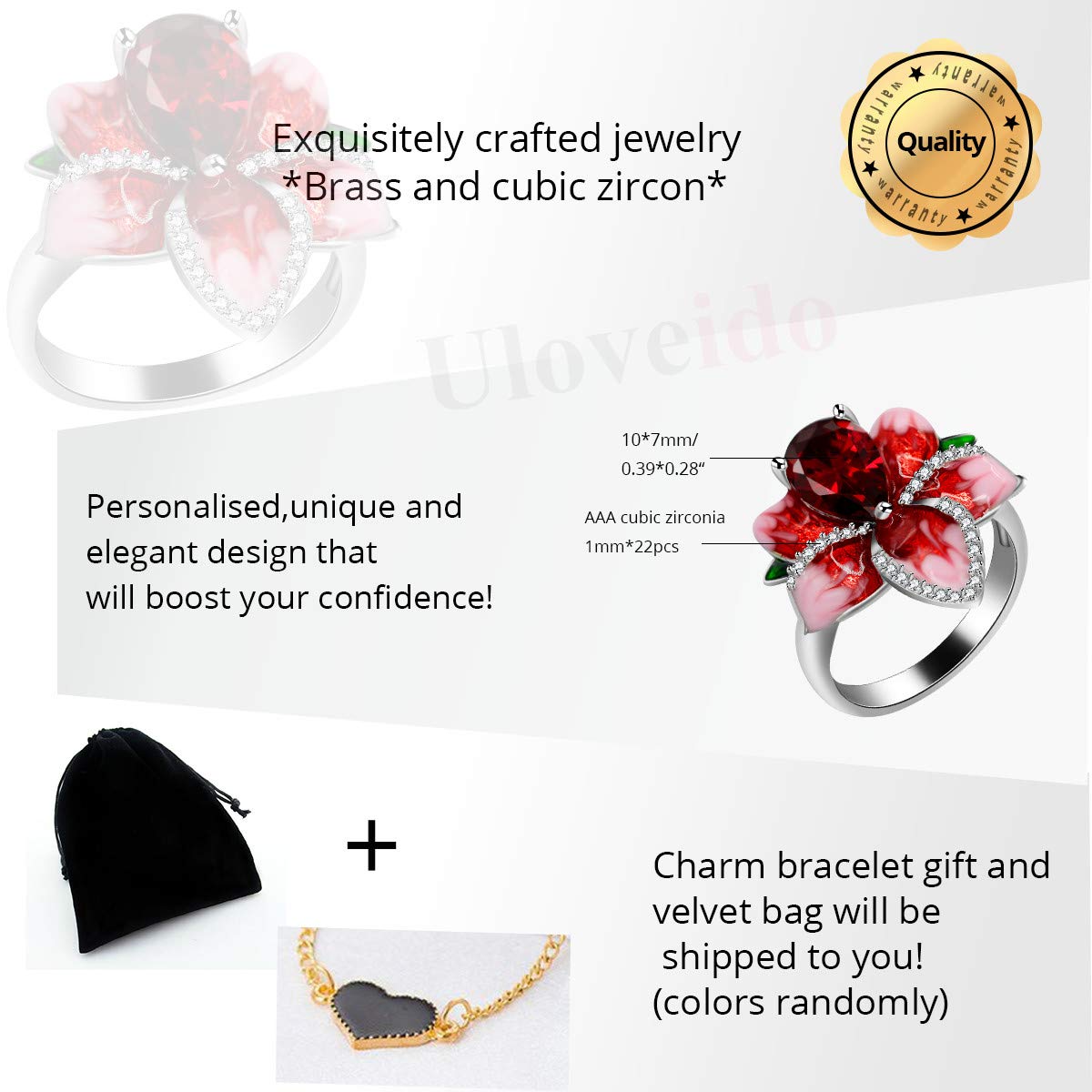 Uloveido Girl's Beautiful Red Enamel Rose Ring for Women Blossom Flower Rings with Pear Cut Cubic Zirconia Cocktail Summer Ring RA627