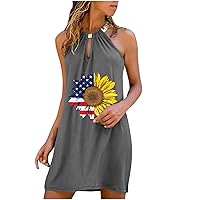 Ladies Sleeveless Dresses USA Flag Sunflower Floral Dresses for Women Beach Cutout Hawaiian Pleated Midi Dresses