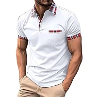 Slim Muscle Fit Polos Shirts for Men Summer Casual Short Sleeve Button Up Plaid Splice Collared T Shirts Tennis Shirt