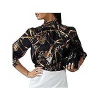 Celmia Womens Elegant Long Sleeve Satin Silk Blouse Pleated Stand Collar Work Tops Shirts