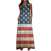 Womens Distressed Tie Dye American Flag Sleeveless Dresses Summer V Neck Tunic Swing Tank Maxi Dress with Pockets