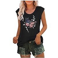 Cap Sleeve Patriotic T-Shirts Women Funny USA Flag Butterfly T-Shirts 4th of July Tee Summer Casual Crewneck Blouses