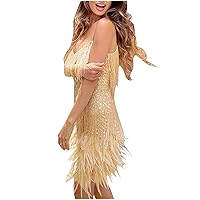 Womens Tassel Feather Sequin Dresses Sexy V Neck Spaghetti Strap 1920s Gatsby Cocktail Party Flapper Dress for Women