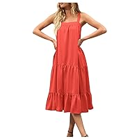 Beach Dresses for Women, Ladies Sexy Casual Suspender Loose Layered Pleated Dress Flowy Summer, S XXL
