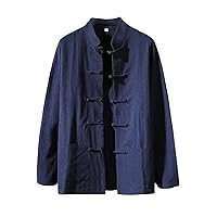 Men's Cotton Linen Muslin Autumn Spring Men's Tang Suit Stand-Up Collar Long-Sleeved Frog Button Loose Top