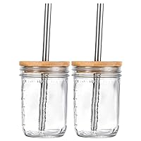 Boba Tea Mug, 2Pcs Glass Cups Set with Lid and Straw, Wide Mouth Mason Jar Iced Coffee Cup, Reusable Boba Cups Bottles, Smoothie Mug for Coffee, Juice and Milk Tea