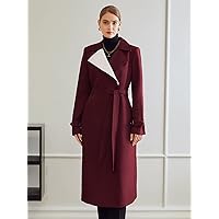 Jackets for Women - Colorblock Formal Belted Trench Coat (Color : Maroon, Size : Large)