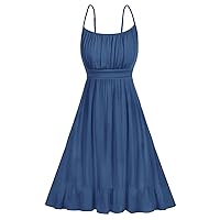 GRACE KARIN Women's 2024 Spaghetti Strap Floral Dress Ruffle Hem Pleated Casual Summer Dress Boho Flowy Midi Beach Dress Grey Blue