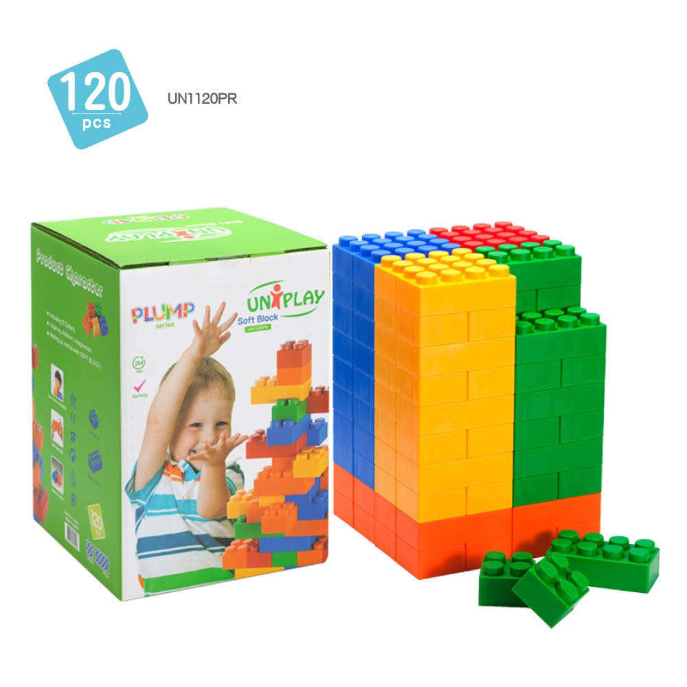 UNiPLAY Plump Soft Building Blocks — Jumbo Multicolor Stacking Blocks for Toddler Cognitive Development and Educational Games for Ages 3 Months and Up (120-Piece Set)