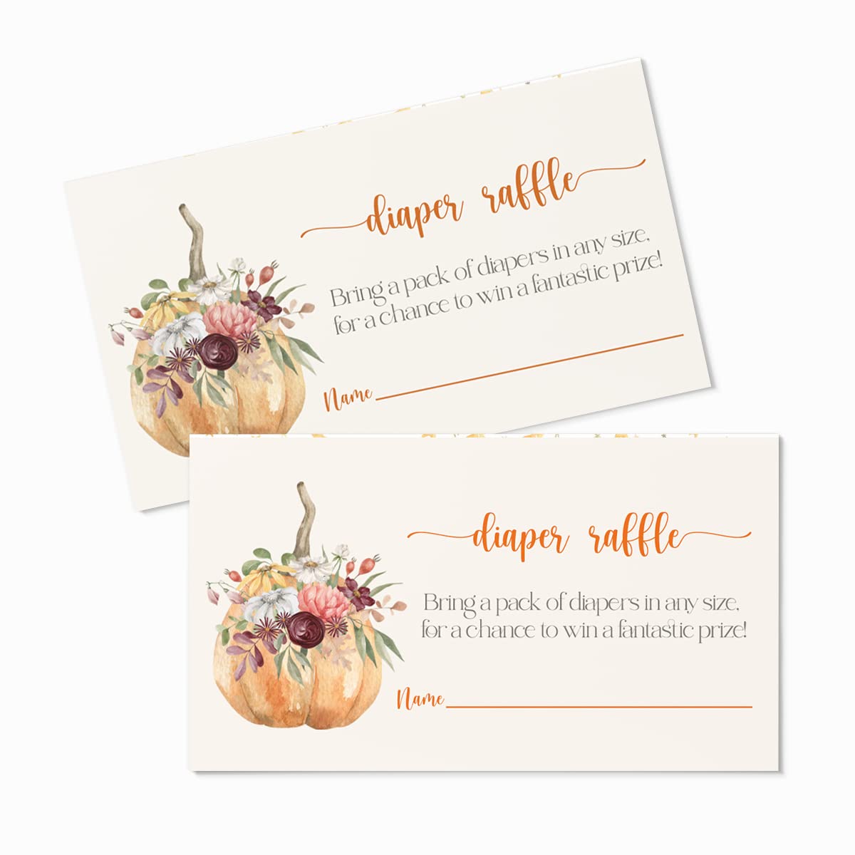 Pumpkin Diaper Raffle Tickets (25 Pack) Baby Shower Games Halloween – Floral Invitation Insert Cards - Guests Fill-In to Win Prize Drawings - Size 2x4