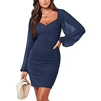 ANRABESS Women's Sexy V Neck Ruched Bodycon Mini Dress Puff Long Sleeve Cocktail Wedding Guest Formal Party Short Dresses
