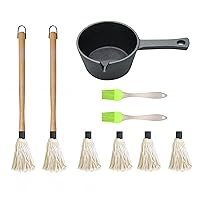 BBQ Mop Brush and Cast Iron Sauce Pot Set, 11-in-1 Value Pack includes 2Pcs Wooden Long Handle, 6 Brush Heads, 1 Cast iron BBQ Pan and 2 Silicone Brushes for Grilling all Types of Ingredients