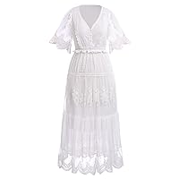 Women's Summer Boho Maxi Dress Tassel V-Neck Flare Lace Up Ruffle Wedding Beach Holiday Photo Shoot Flowy Dress