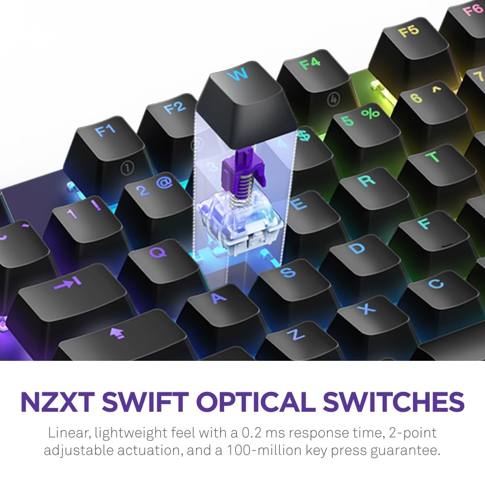 NZXT Function 2 | Full-Size Optical Gaming Keyboard | 8K Polling Rate | Linear Optical Switches | Adjustable Actuation | Double-Shot PBT Keycaps | RGB | Hot-Swappable | Wrist Rest | Black