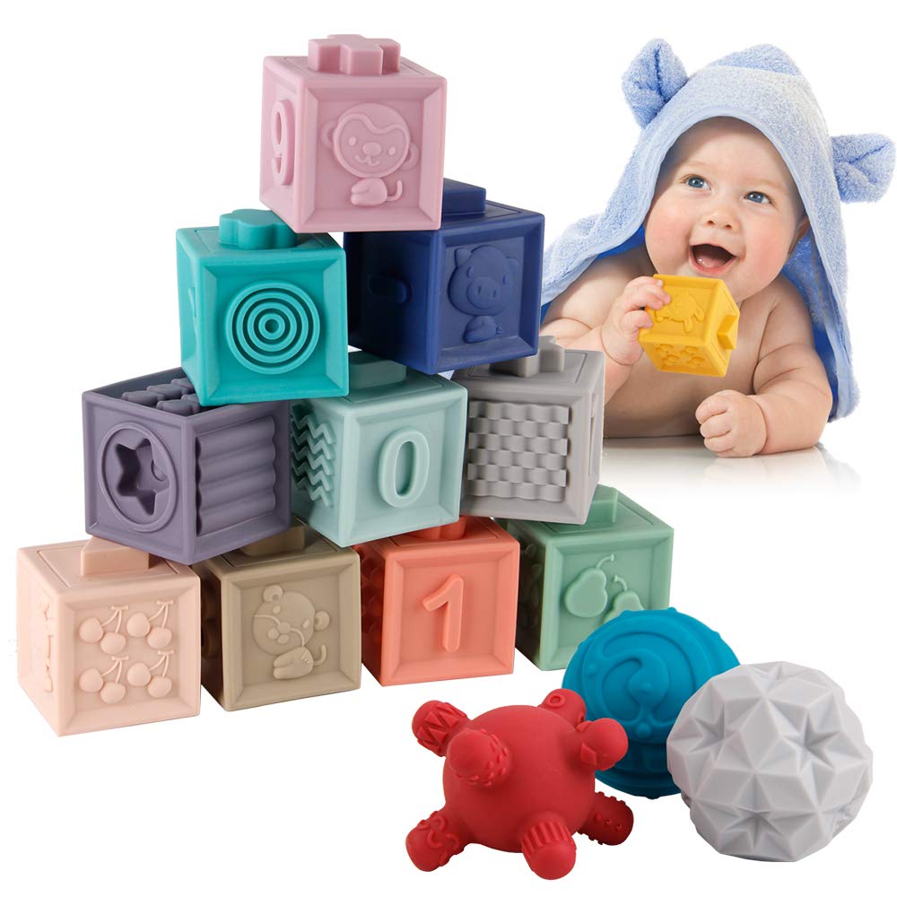 BOBXIN 15 PCS Baby Blocks Toys Soft Stacking Blocks Baby Sensory Ball Teether Infant Bath Toys Squeeze Play with Numbers Shapes Animals Fruit and Textures Toy for Babies Toddlers 6 Months
